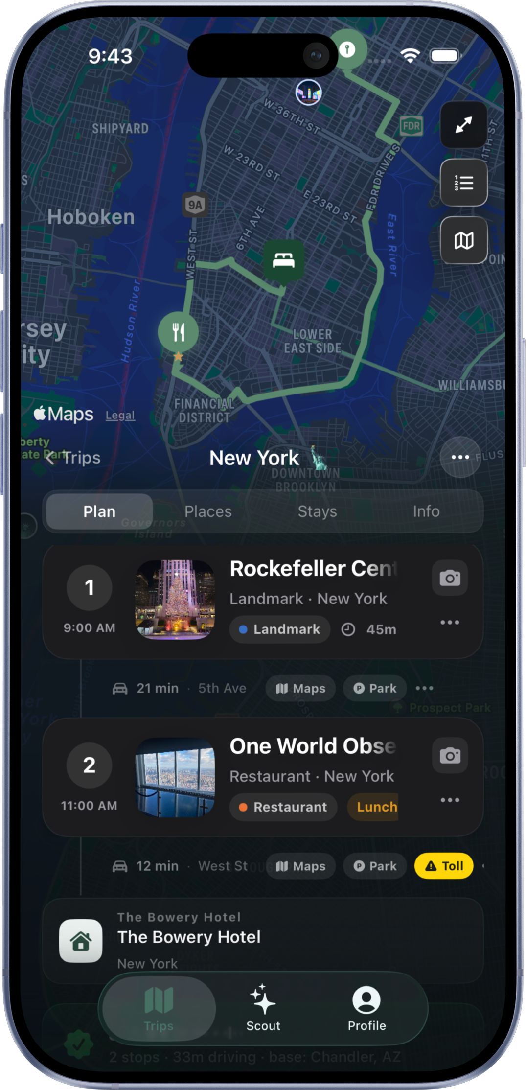 Outpost Go route planner with map, stops, and itinerary on a blue iPhone