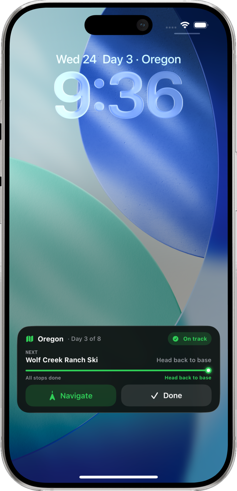 Outpost Go Live Activity on the iPhone lock screen with next trip action