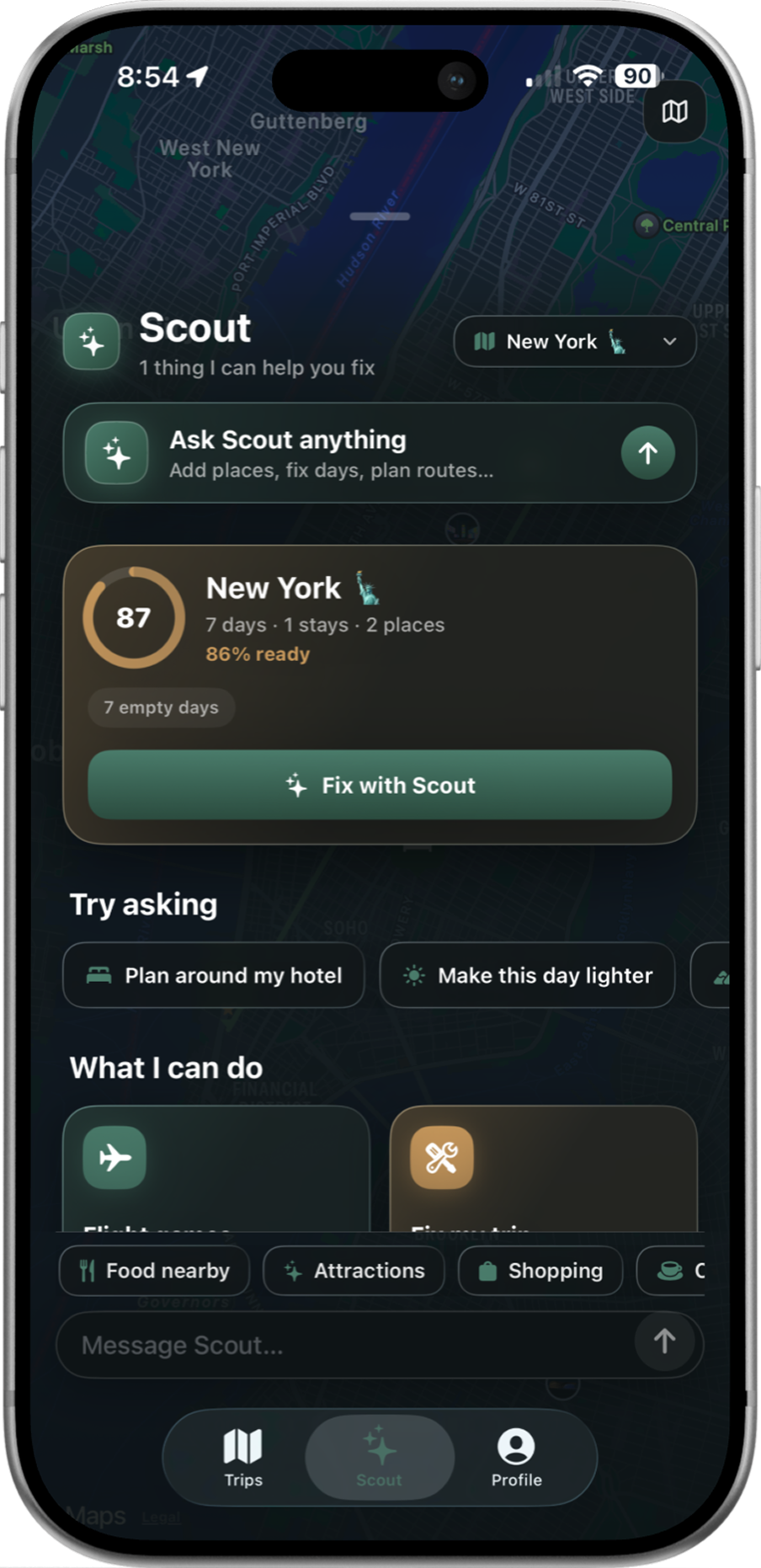 Outpost Go Scout assistant screen for fixing trip plans and finding places