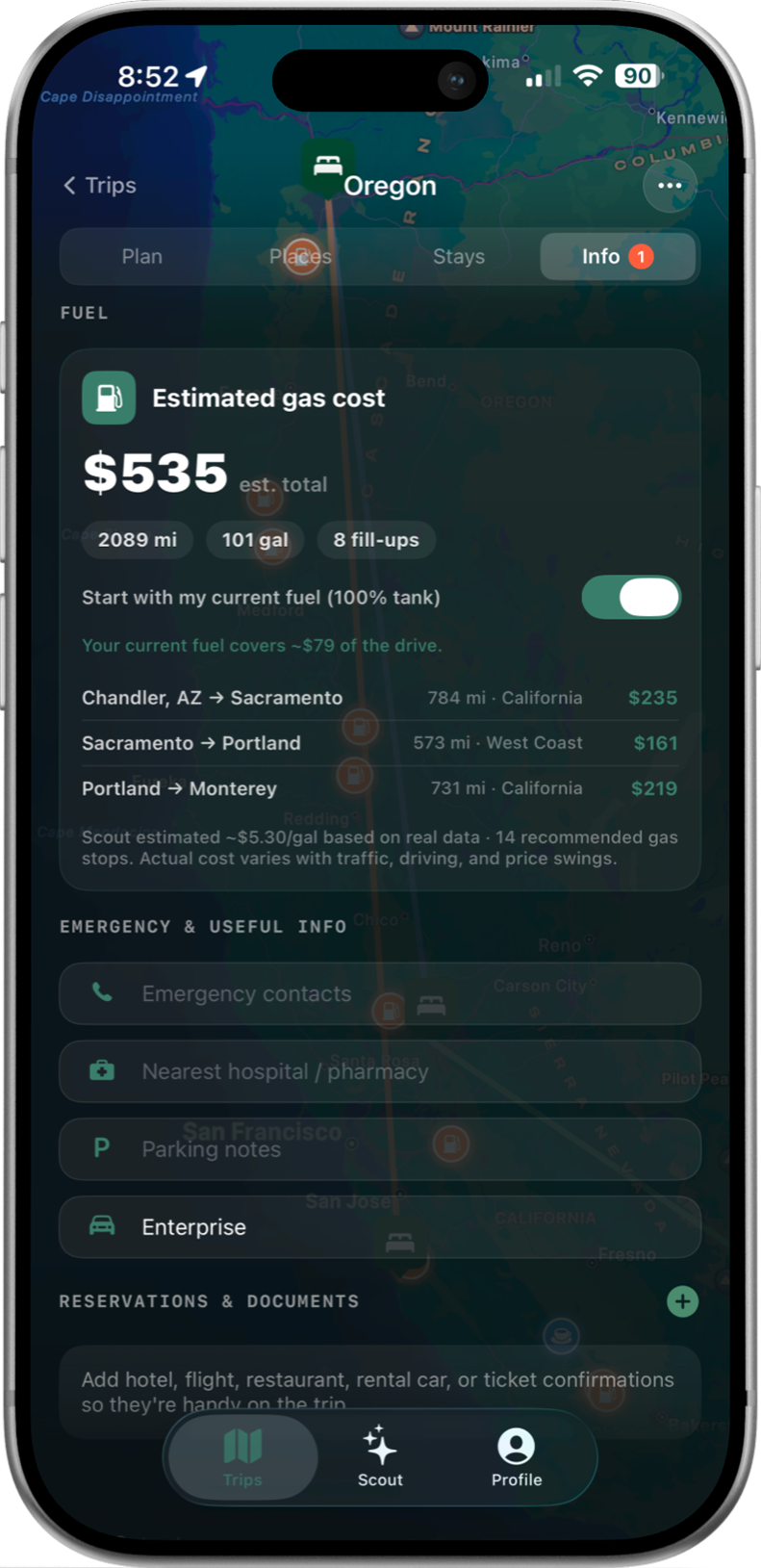 Outpost Go fuel cost estimator screen for road trip gas planning